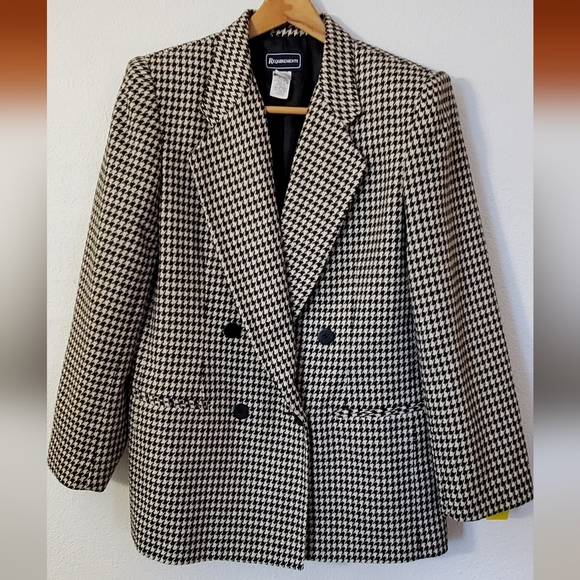 Medium Vintage 90's Black & Off-White Houndstooth Double Breasted Jacket Blazer - Picture 1 of 9